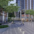 Urban Plaza Landscape With High Rise Buildings Trees Pedestrians And Storefronts