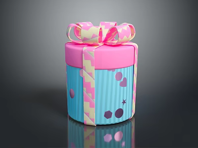 Pink Blue Striped Gift Box with Heart Star Circle Patterns and Ribbon Bow 3d model