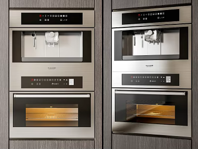 Modern Built in Kitchen Appliances With Double Stacked Ovens Coffee Machines Cabinetry And Interior Lighting 3d model