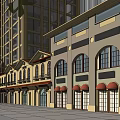 Modern And Traditional Commercial Street With Red Awnings Shops And Pedestrians