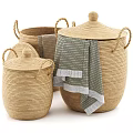 Woven Storage Baskets With Lids Handles And Gray Towels For Home Organization