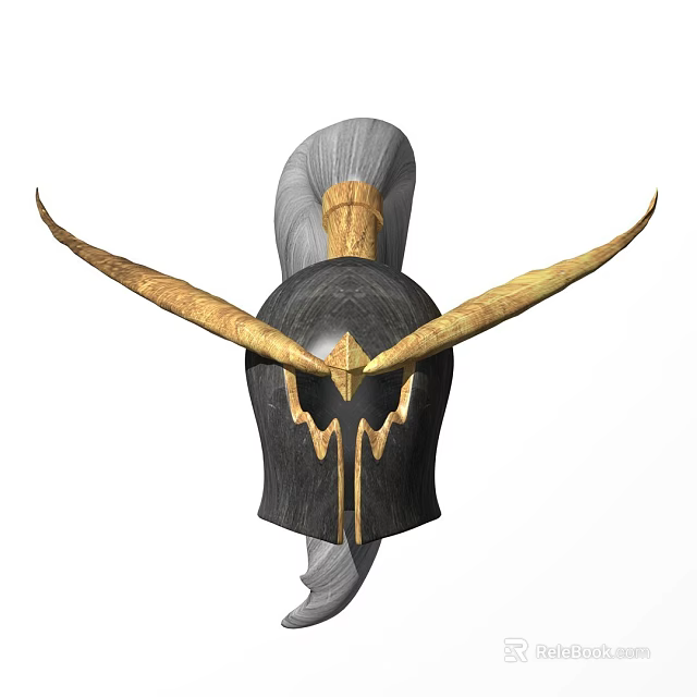 Black And Gold Decorative Helmet With Golden Horns Gray Mane And Ornate Details 3d model 