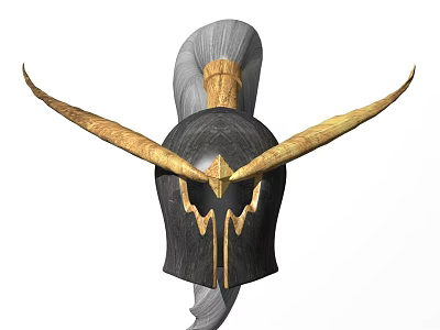 Black And Gold Decorative Helmet With Golden Horns Gray Mane And Ornate Details 3d model
