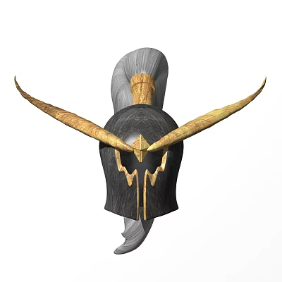 Black And Gold Decorative Helmet With Golden Horns Gray Mane And Ornate Details 3d model