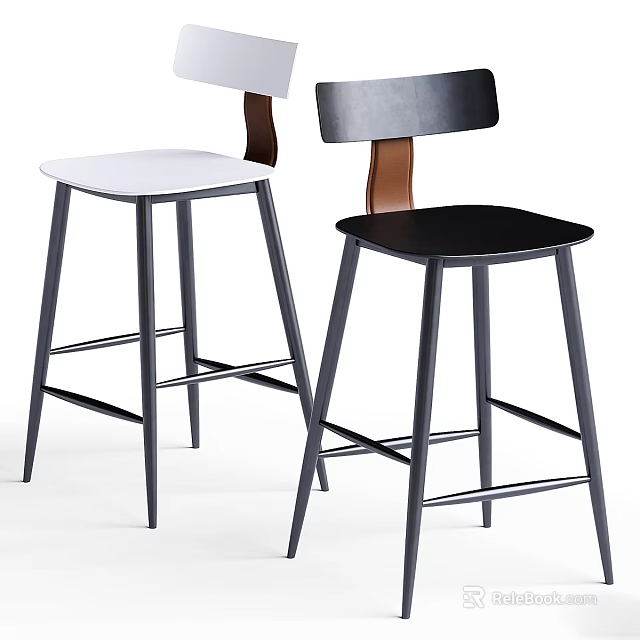 Modern Bar Stools With Black White Seats Metal Legs And Wooden Backrest 3d model 