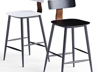 Modern Bar Stools With Black White Seats Metal Legs And Wooden Backrest 3d model