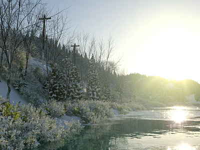 Snowy Landscape With Bare Trees Snow Covered Bushes And Sunlight Reflecting On Frozen Lake 3d model