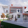 Modern Container Building With Large Glass Windows Balcony And Outdoor Gathering Space