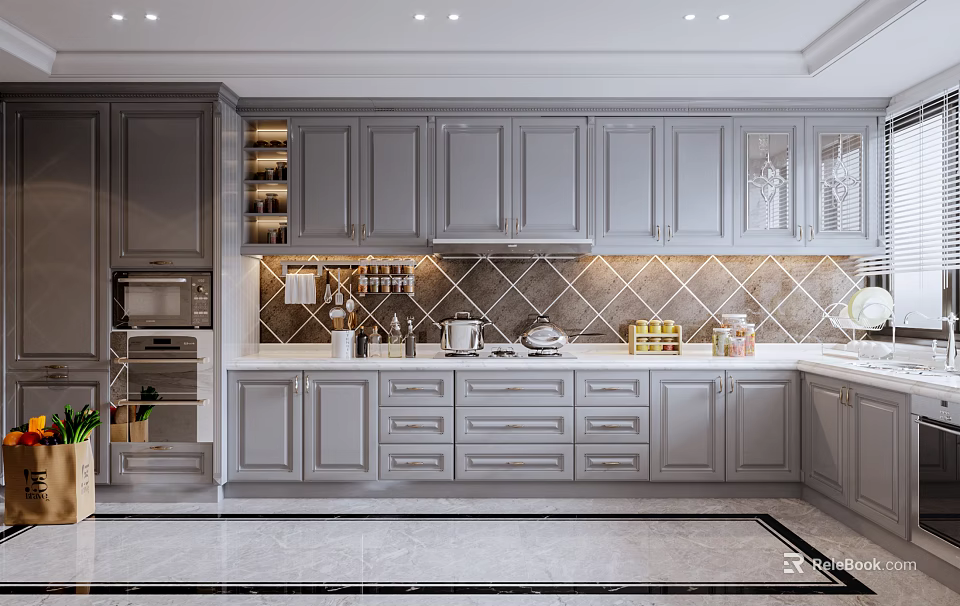 Gray Modern Kitchen Interior With Cabinetry And Tile Backsplash Design 3d model