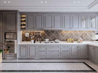 Gray Modern Kitchen Interior With Cabinetry And Tile Backsplash Design 3d model