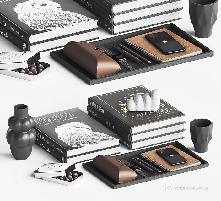 Modern Decorative Ornament Set With Books Trays Notebook Phone Vase And Cup 3d model 