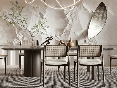 Elegant Modern Restaurant Interior With Round Dining Table Rattan Chairs Textured Wall And Decorative Mirror 3d model