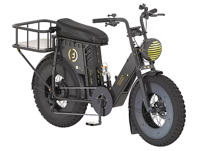 Black Motorcycle With Metal Basket Black Seat Thick Tires Round Headlight And Gold Accents 3d model