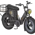 Black Motorcycle With Metal Basket Black Seat Thick Tires Round Headlight And Gold Accents