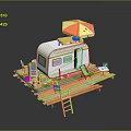 Leisure Camper Van On Wooden Platform With Umbrella Slide And Chairs