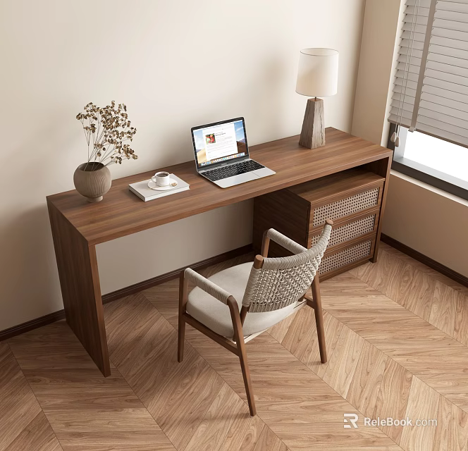 Wooden Desk And Wicker Back Chair Set With Laptop Table Lamp By Window 3d model 