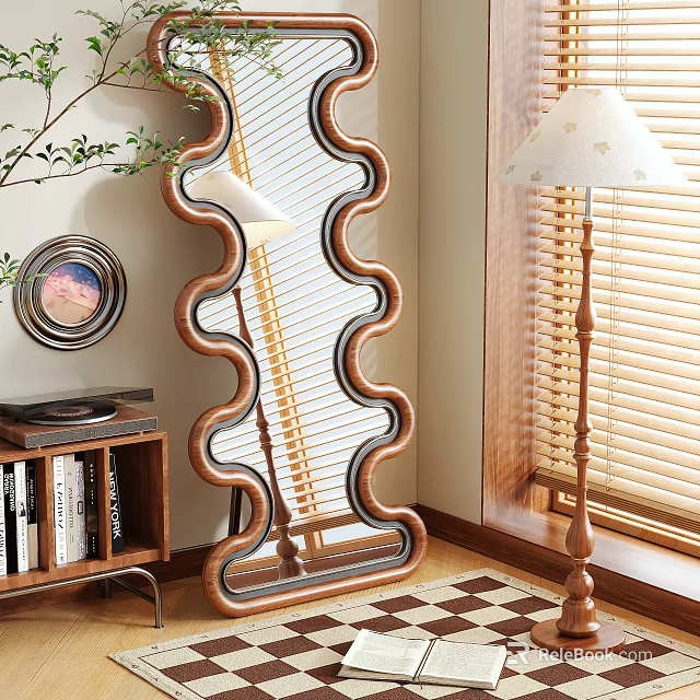 Wavy Frame Floor Mirror In Cozy Interior With Wooden Bookshelf Green Plant And Checkerboard Floor 3d model 
