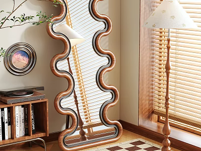 Wavy Frame Floor Mirror In Cozy Interior With Wooden Bookshelf Green Plant And Checkerboard Floor 3d model