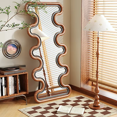 Wavy Frame Floor Mirror In Cozy Interior With Wooden Bookshelf Green Plant And Checkerboard Floor 3d model