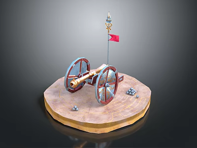 Antique Cannon Weapon Model With Red Blue Wheels Red Flag And Cannonballs On Circular Base 3d model