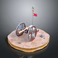 Antique Cannon Weapon Model With Red Blue Wheels Red Flag And Cannonballs On Circular Base