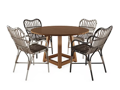 Round Wooden Outdoor Table With Four Wicker Metal Frame Chairs 3d model