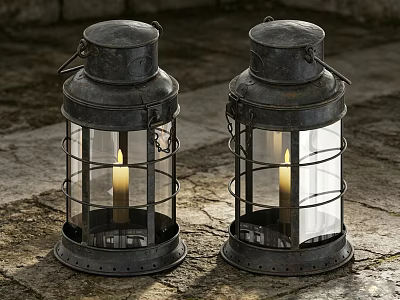 Vintage Metal And Glass Candle Lanterns With Burning Candles On Stone Ground 3d model