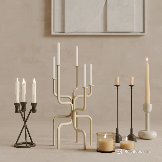 Modern Geometric Metal Candle Holders With Lit Candles In Black White And Gold 3d model 