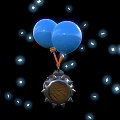Skull Themed Doll With Hanging Blue Balloons And White Sparkles On Black Background