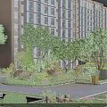 Garden Landscape in Front of High Rise Buildings with Trees Flowers Plants Bench and Pathway