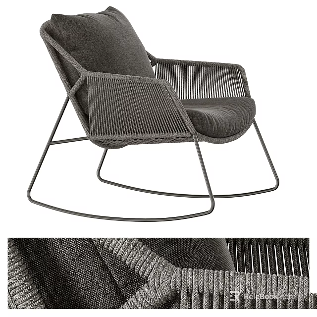 Modern Rocking Lounge Chair With Woven Rattan Metal Frame And Soft Cushion Design 3d model 