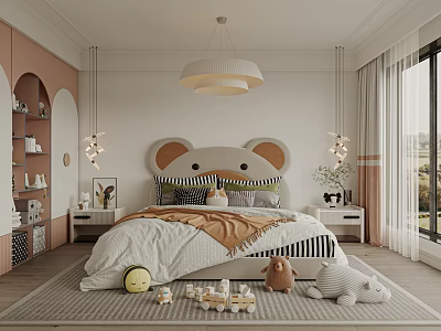 Cozy Kids Bedroom Interior With Bear Shaped Headboard Stuffed Toys And Natural Light 3d model