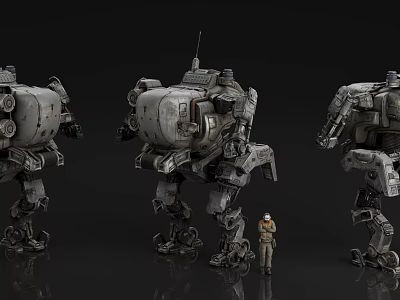 Mechanical Robot Characters From Game Movie Displayed In Three Angles With Small Human 3d model