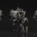 Mechanical Robot Characters From Game Movie Displayed In Three Angles With Small Human
