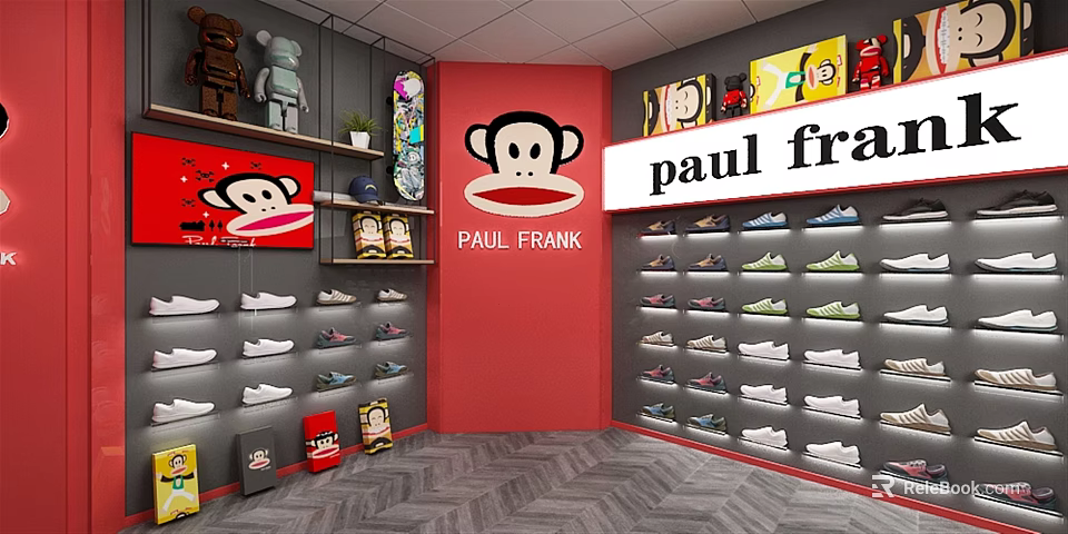 Paul Frank Retail Store Interior With Red Wall Monkey Logo And Shoe Displays 3d model 