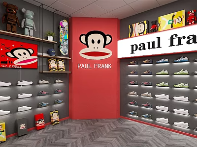 Paul Frank Retail Store Interior With Red Wall Monkey Logo And Shoe Displays 3d model
