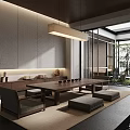 Modern Tea Room Interior With Wooden Table Floor Cushions And Garden View From Large Windows