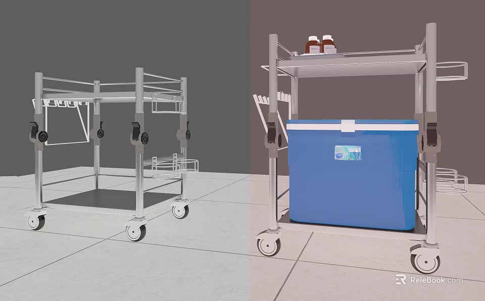 Medical Cart With Metal Frame Blue Container And Storage Shelf On Wheels 3d model 