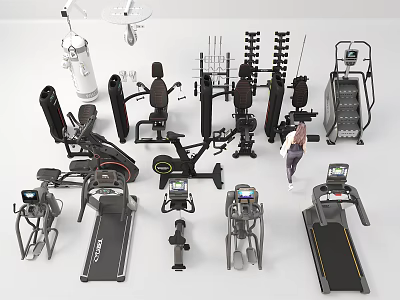 Various Fitness Equipment Collection Featuring Treadmills Exercise Bikes Dumbbell Racks And Ellipticals 3d model