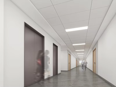 Long Elevator Hallway With Dark Doors White Walls Gray Floor Ceiling Lights And People Walking 3d model