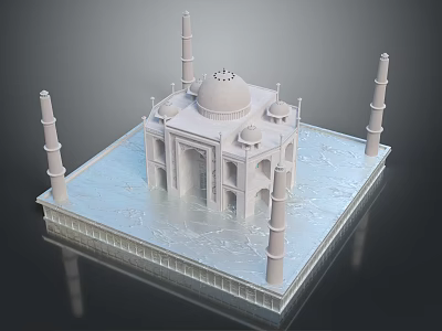 Cartoon Scene Of 3D Light colored Taj Mahal Model With Dome And Minarets On Textured Base 3d model