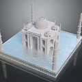 Cartoon Scene Of 3D Light colored Taj Mahal Model With Dome And Minarets On Textured Base