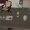 Minimalist Wooden Tea Table And Chairs With Tea Set Tray And Green Plant