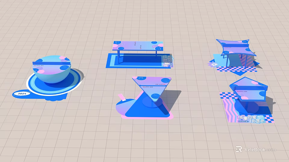 Modern Art Installations With Blue Pink Geometric Shapes And Platform Bases 3d model 