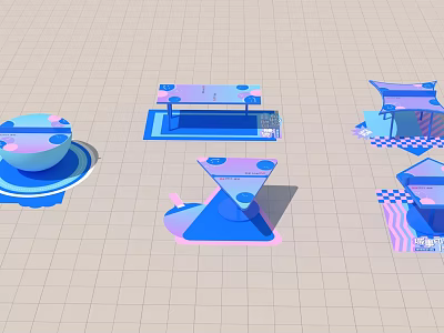 Modern Art Installations With Blue Pink Geometric Shapes And Platform Bases 3d model