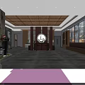 Elegant Chinese Restaurant Interior Featuring Wooden Screens Marble Walls Round Mirror And Green Plants