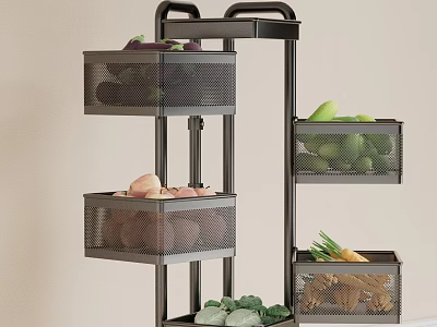 Modern Black Metal Kitchen Storage Rack With Multi Tiered Mesh Baskets For Vegetable Organization 3d model