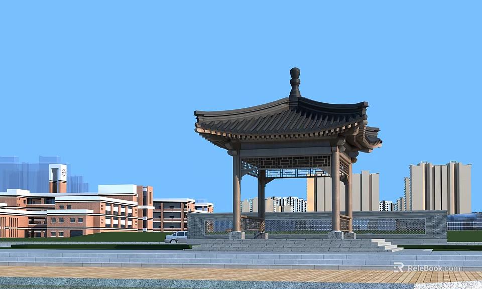 Traditional Pavilion with Black Curved Eaves in Modern City Park Near Grassland Stone Path and Buildings 3d model 
