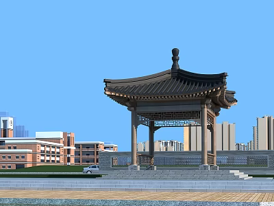Traditional Pavilion with Black Curved Eaves in Modern City Park Near Grassland Stone Path and Buildings 3d model
