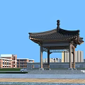 Traditional Pavilion with Black Curved Eaves in Modern City Park Near Grassland Stone Path and Buildings